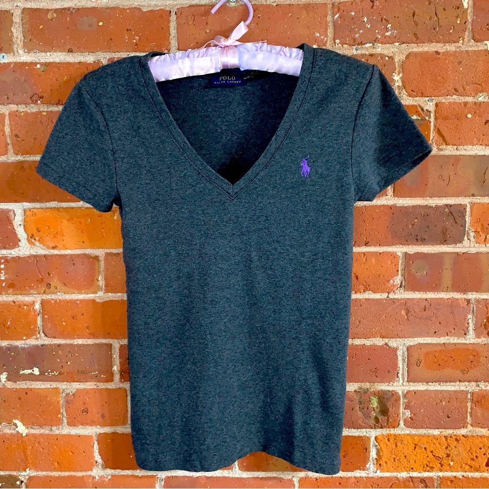Ralph Lauren Polo Charcoal Grey V-Neck Short Sleeve Cotton Tee Shirt -Medium